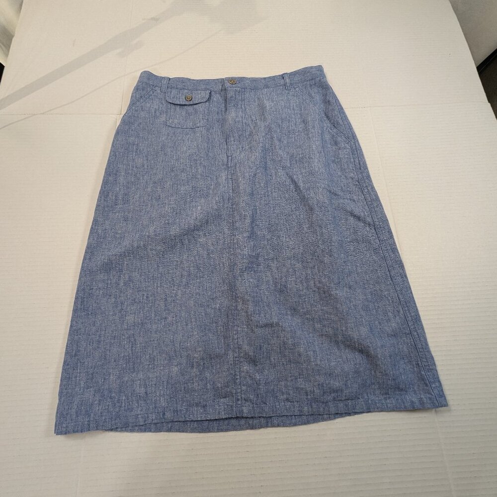 Vintage Villager Sport Linen Cotton Blend Chambray Midi Skirt Women's 8 pockets